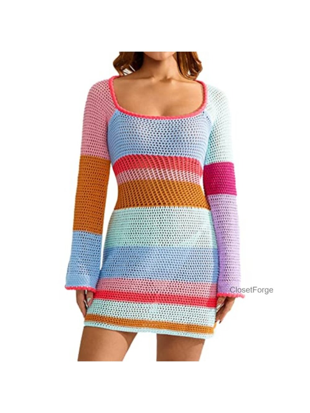 Crochet Knit Mini Dress Long Sleeve Mesh Cover Up Casual Sweater Beach Wear